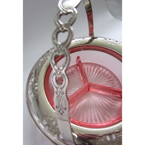 VTG Pink Depression GLASS Divided DISH W/HANDLE Candy/NUT FARBERWARE Silver Rim - Picture 5 of 16